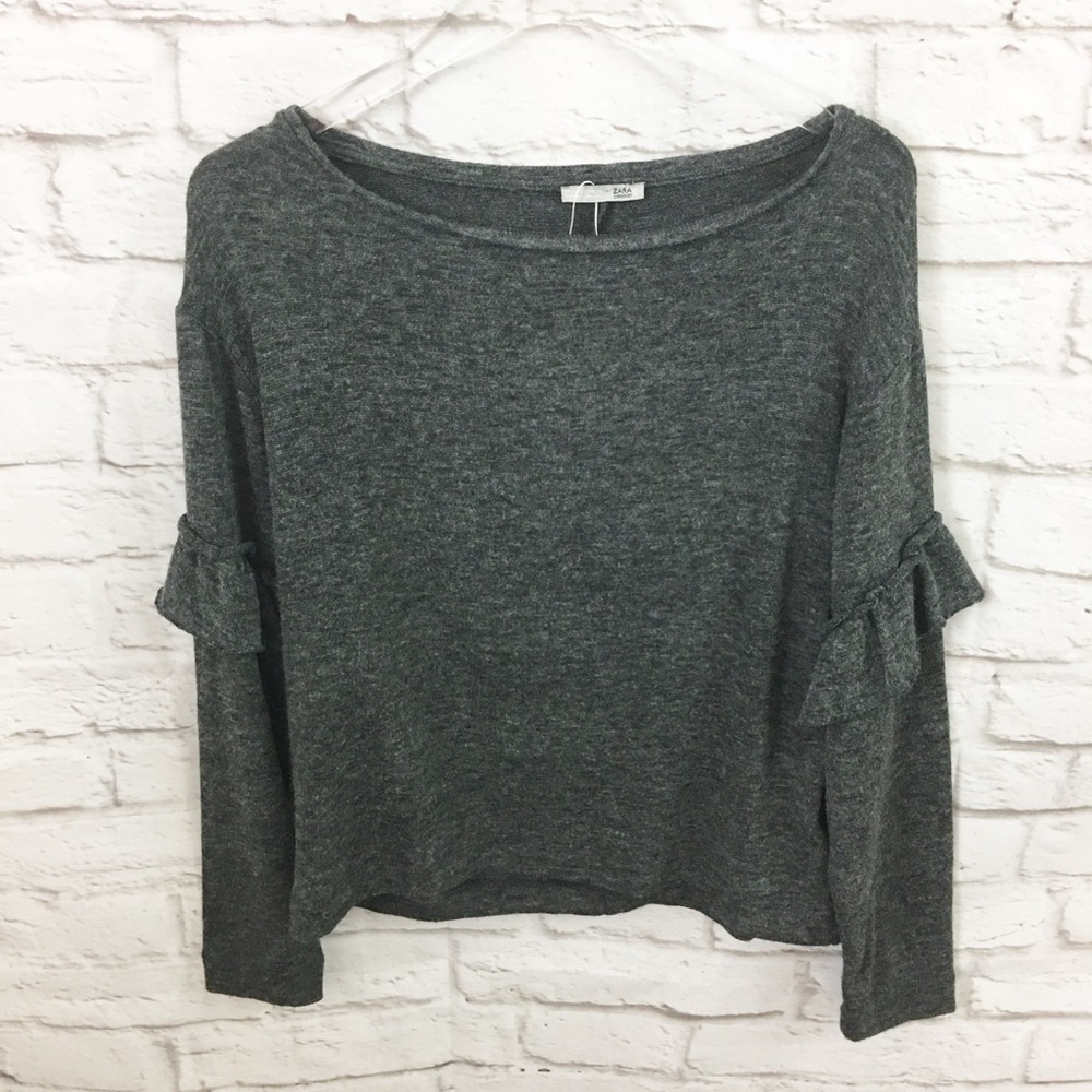 Zara women’s crop Sweater gray ruffle Size S Small